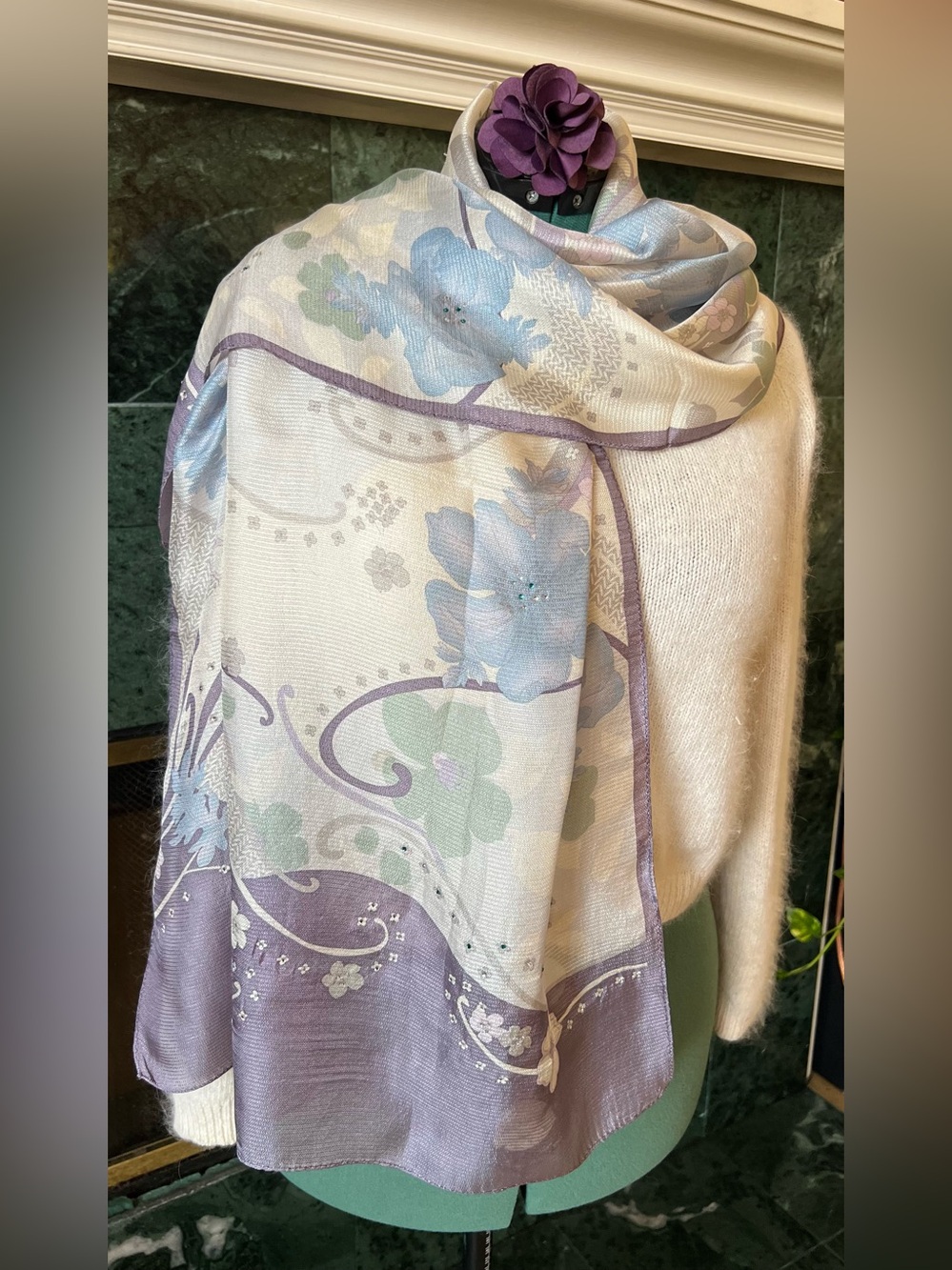 Vintage Mila Schön Floral Pastel Silk Scarf Crystal Accents Neckwear Head Wrap